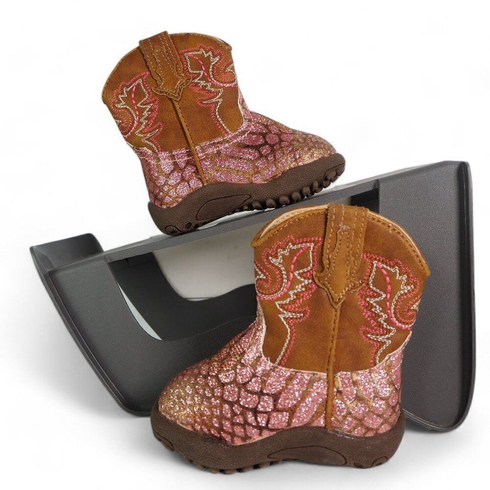 Roper Sparkle Western Cowboy Boots Pink Glitter / Brown Baby Newborn 1